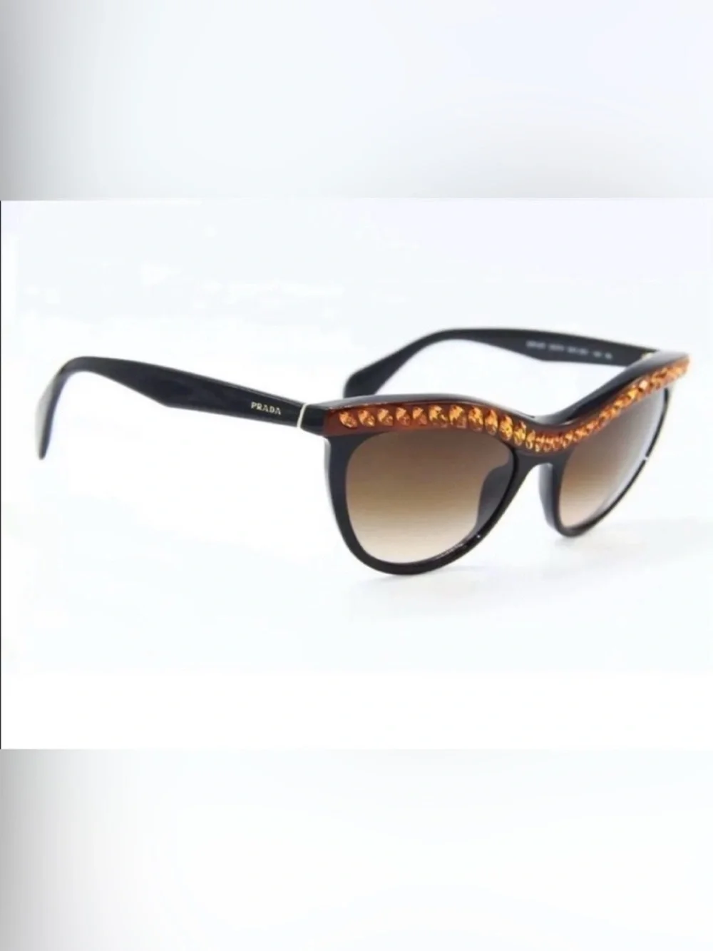 Women's PRADA Black Cat-Eye Sunglasses with Amber Crystal Trim